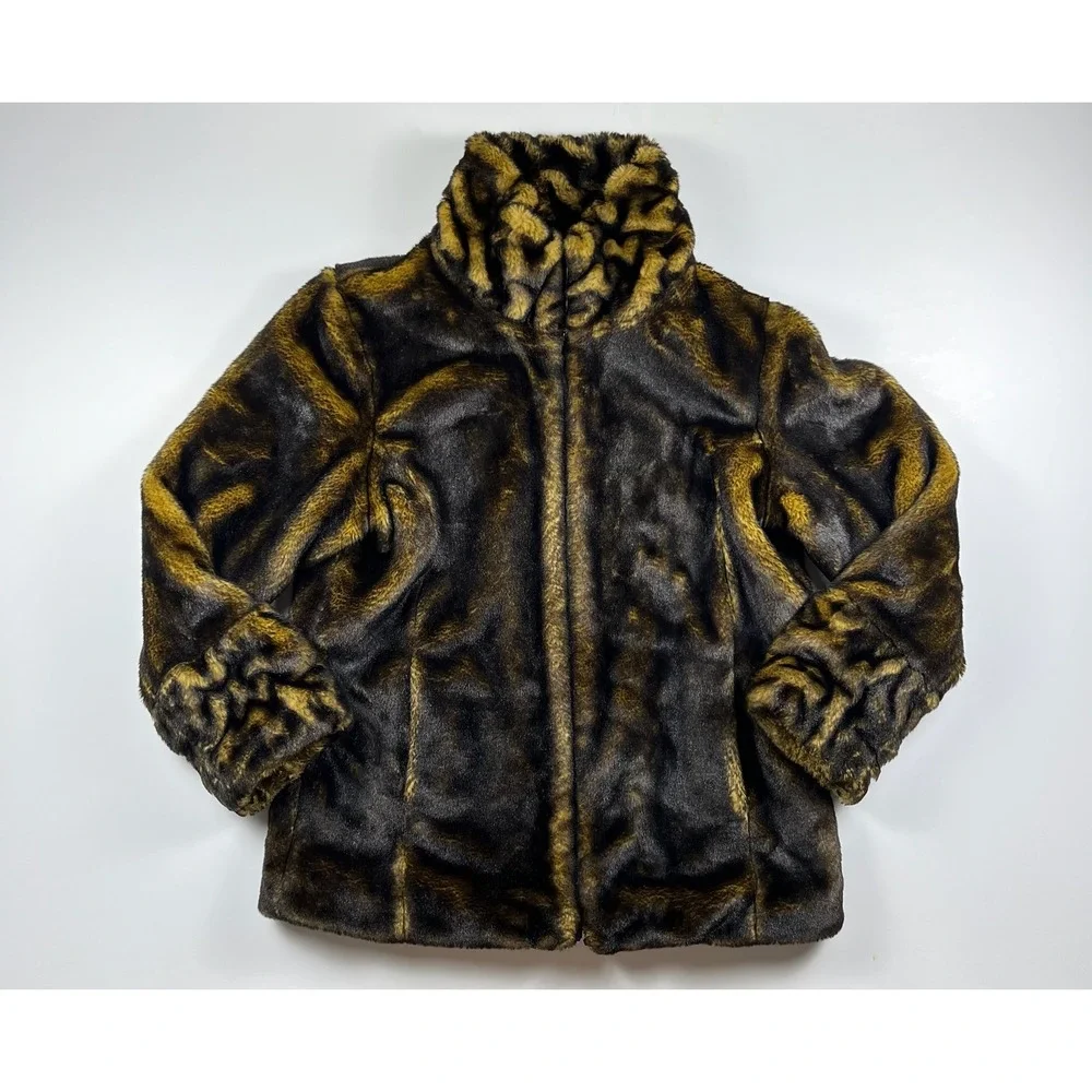 Dennis Basso Faux Fur Jacket Brown Gold Heavy Warm Luxurious Thick Large - Picture 1 of 12